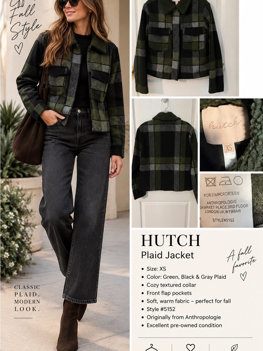 Anthropologie Hutch Green, Black & Green Plaid Cropped Jacket